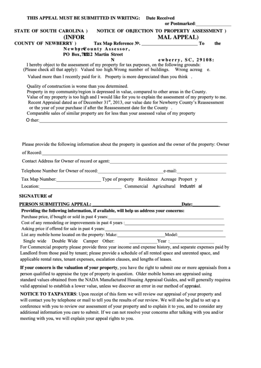 Fillable Otice Of Objection To Property Assessment (Informal Appeal