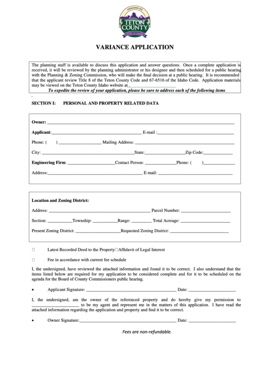 Variance Application Form Teton County printable pdf download