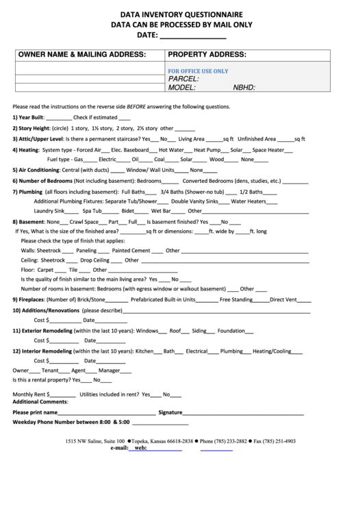 Real Estate Data Questionnaire Form Shawnee County printable pdf download