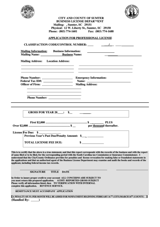 Application For Professional License Form Business License Department