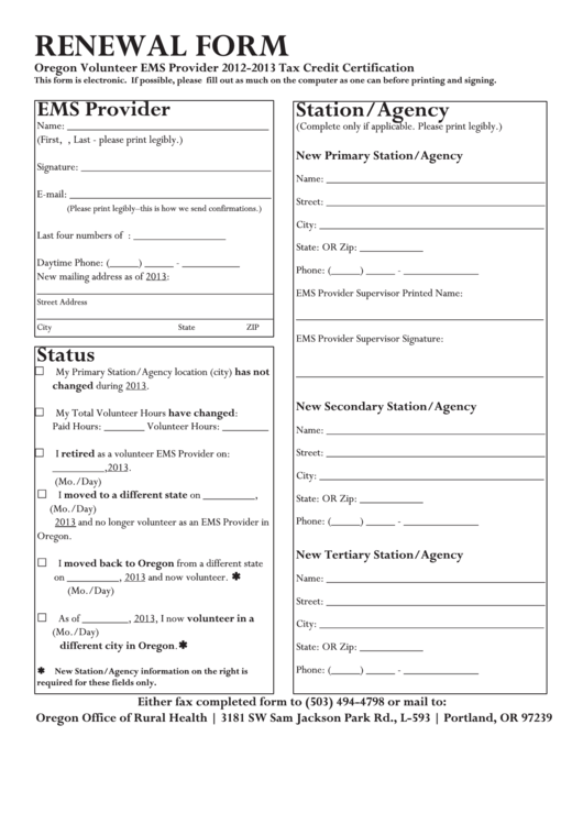 Fillable Renewal Form Oregon Volunteer Ems Provider Tax Credit