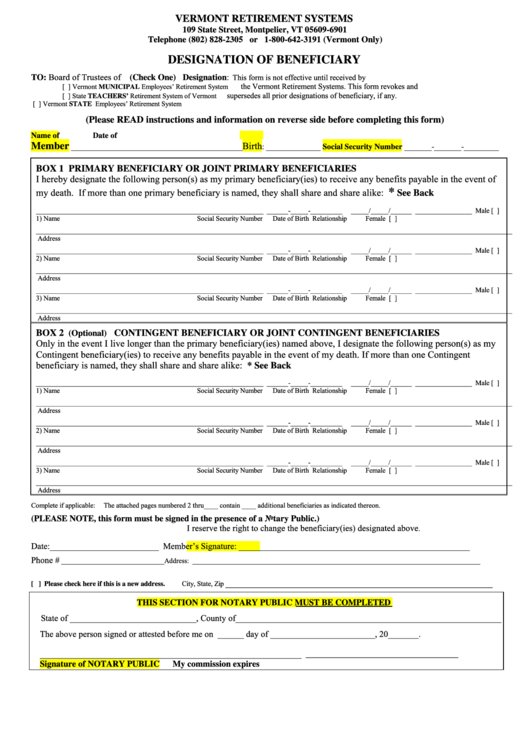 Designation Of Beneficiary Form Vermont Retirement Systems printable