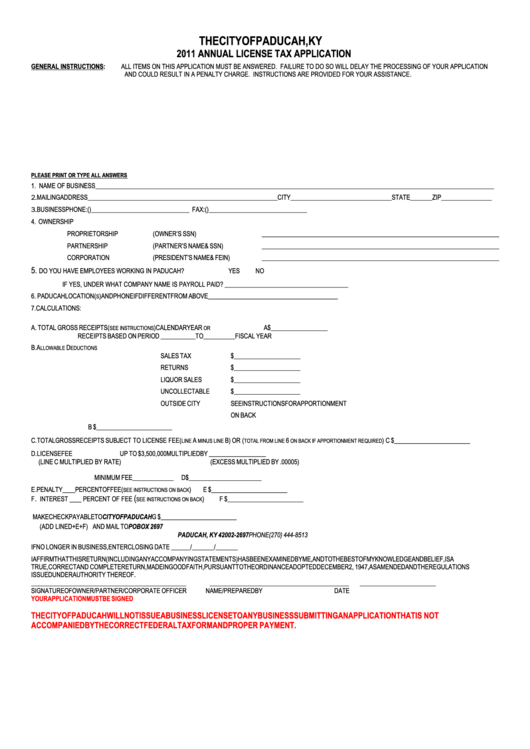 Annual License Tax Application City Of Paducah, Ky 2011 printable