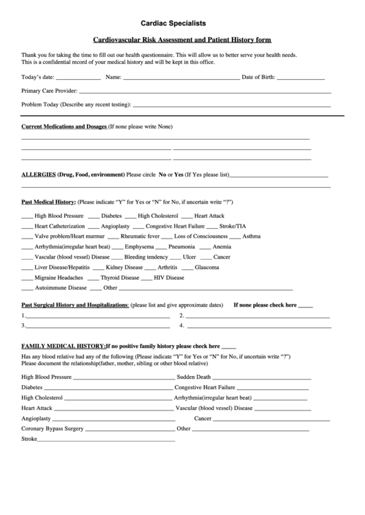 Fillable Cardiovascular Risk Assessment And Patient History Form