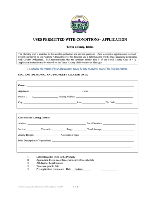 Permitted With Conditions Application Form Teton County, Idaho