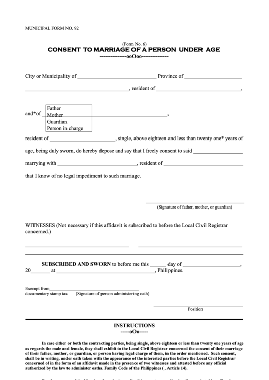 Municipal Form 92 Consent To Marriage Of A Person Under Age printable
