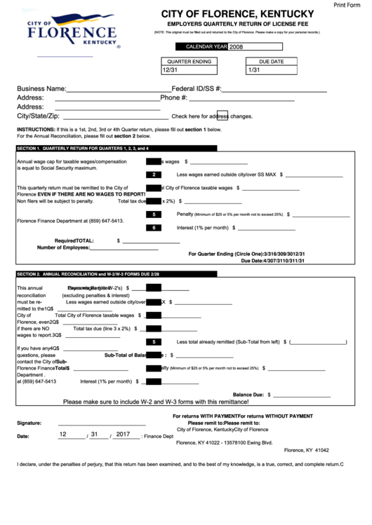 Fillable Employers Quarterly Return Of License Fee Form City Of