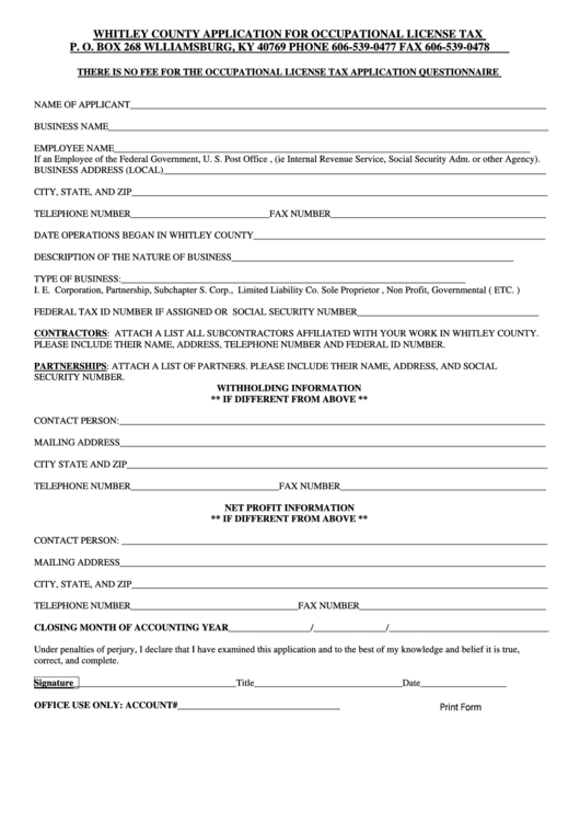 Fillable Whitley County Application For Occupational License Tax Form printable pdf download