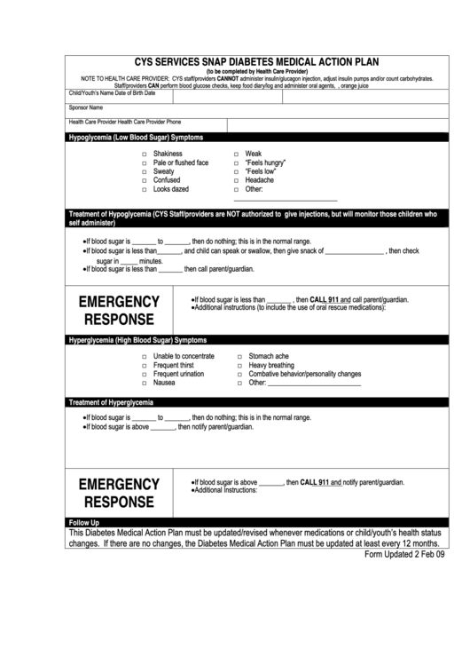 Fillable Cys Services Snap Diabetes Medical Action Plan Template