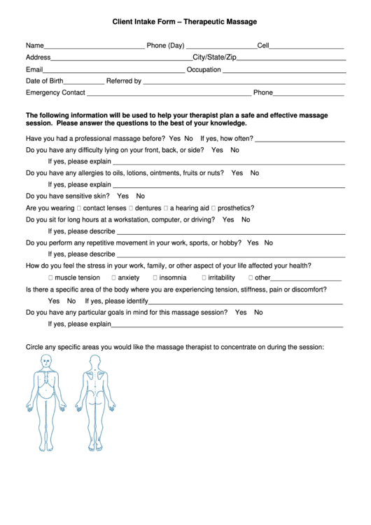 Therapeutic Massage Client Intake Form printable pdf download