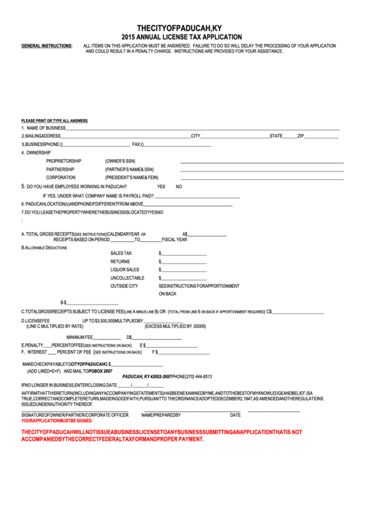 Annual License Tax Application City Of Paducah, Ky 2015 printable