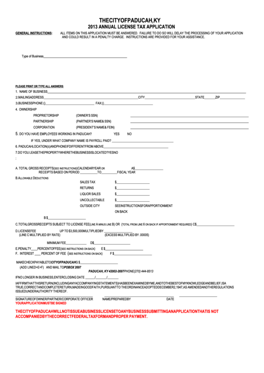 Annual License Tax Application City Of Paducah, Ky 2013 printable