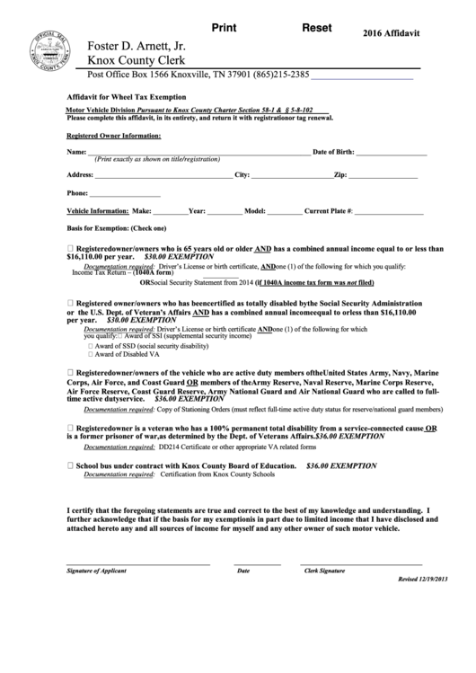 Fillable Affidavit For Wheel Tax Exemption Form Knox County 2016