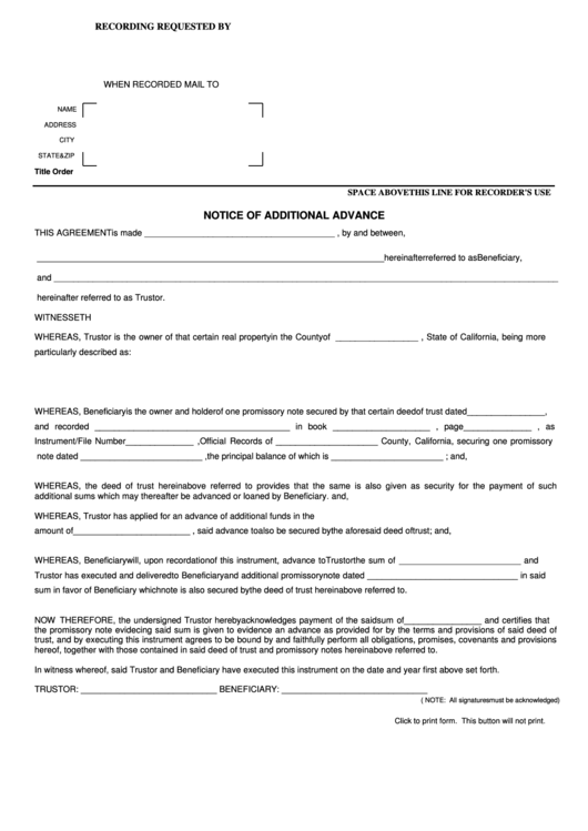 Fillable Notice Of Additional Advance Form printable pdf download