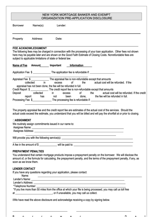 New York Mortgage Banker And Exempt Organization PreApplication Disclosure Form printable pdf