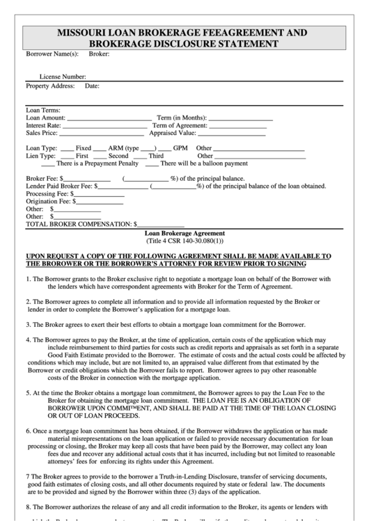 Fillable Missouri Loan Brokerage Fee Agreement And Brokerage Disclosure
