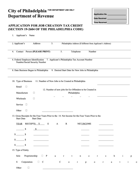 Application For Job Creation Tax Credit Pennsylvania Department Of