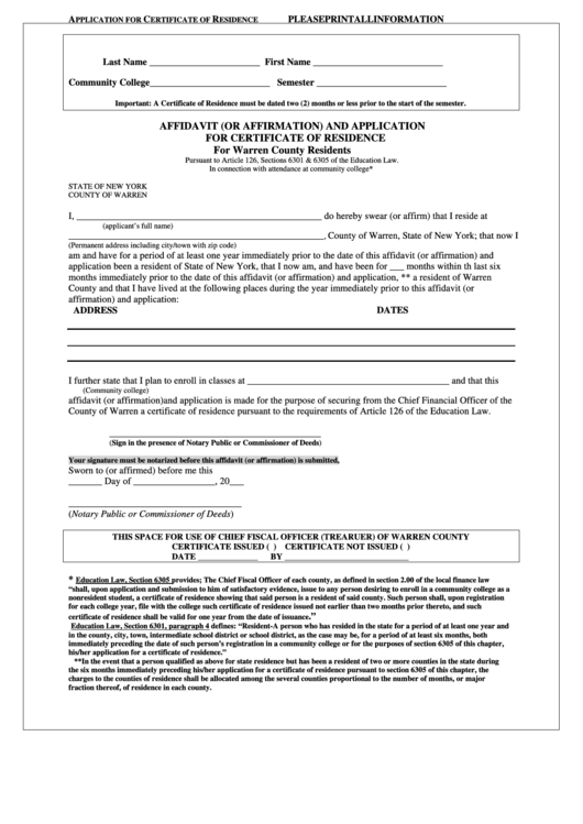 Affidavit (Or Affirmation) And Application For Certificate Of Residence
