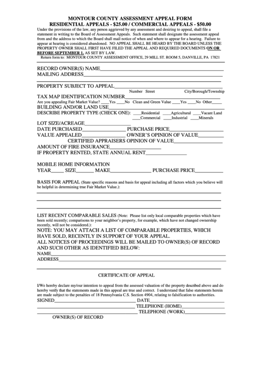 Montour County Assessment Appeal Form printable pdf download