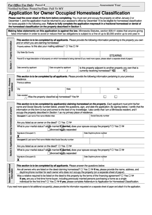 Fillable Application For Owner Occupied Homestead Classification Form