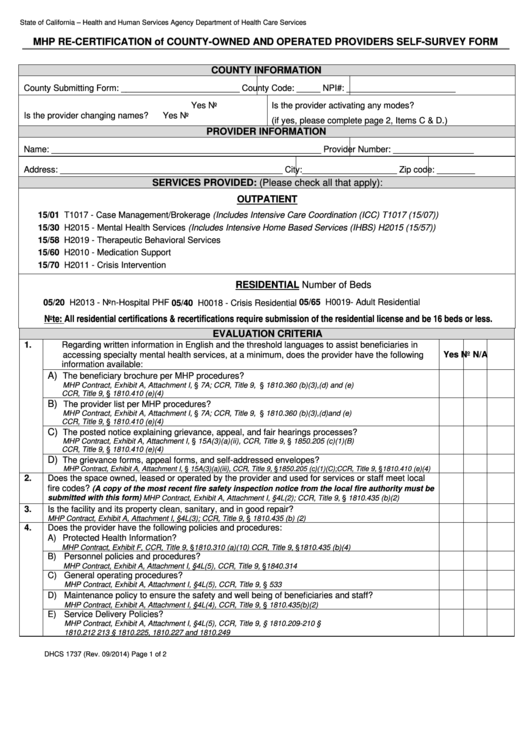Fillable Dhcs 1737 CountyOwned And Operated Provider SelfSurvey Form