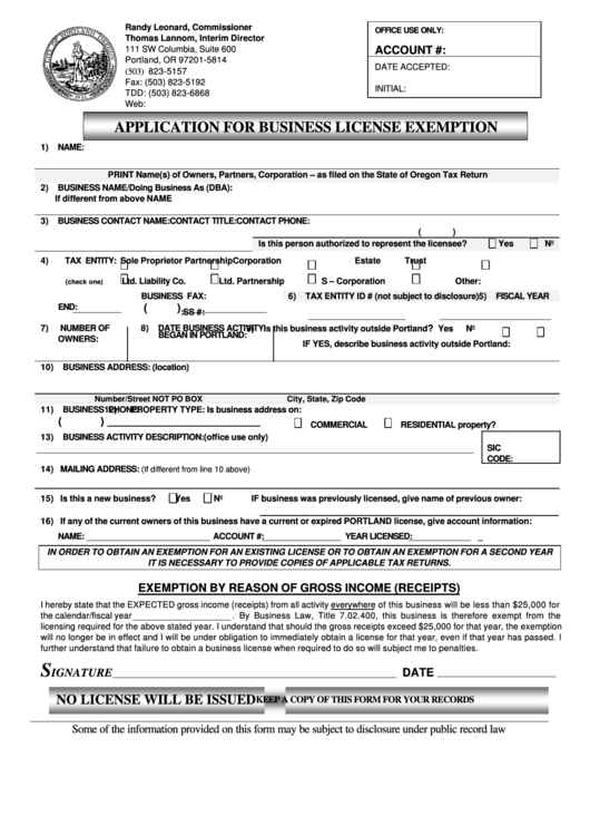 Application For Business License Exemption Form printable pdf download