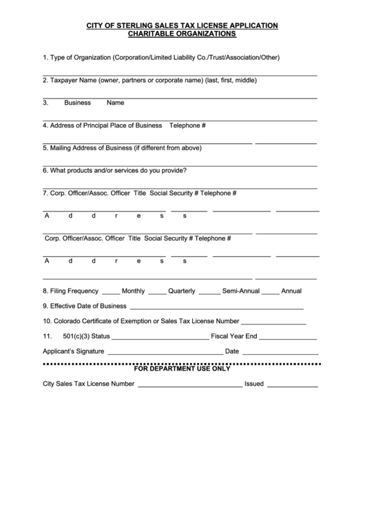 City Of Sterling Sales Tax License Application Charitable Organizations