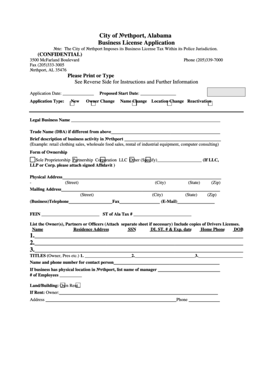 Fillable Business License Application Form City Of Northport, Alabama