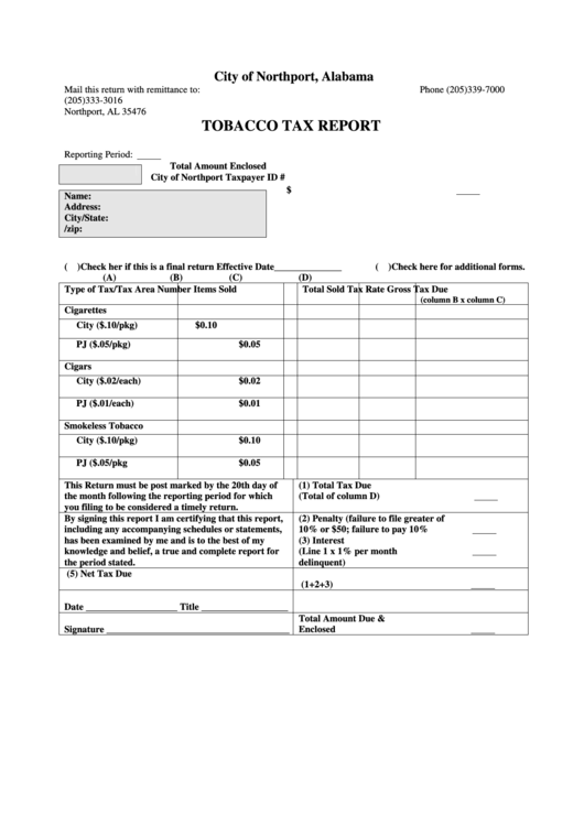 Tobacco Tax Report Form City Of Northport, Alabama printable pdf download