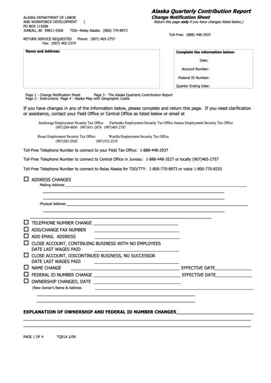 Tq01a Alaska Quarterly Contribution Report Change Notification Sheet printable pdf download