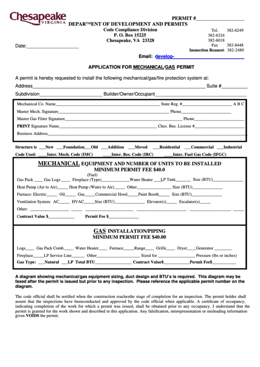 Mechanical/gas Permit Application Form printable pdf download