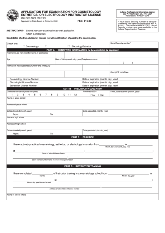 State Form 45245 Application For Examination For Cosmetology