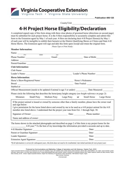 4H Project Horse Eligibility/declaration Form Virginia Cooperative