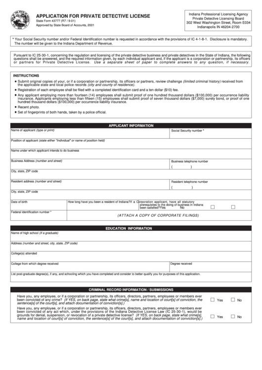 State Form 43777 Application For Private Detective License Indiana Professional Licensing