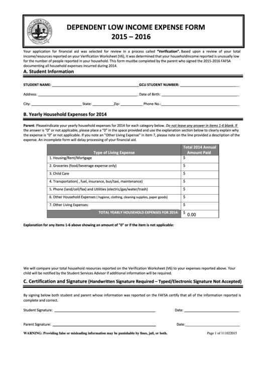 Fillable Dependent Low Expense Form 20152016 printable pdf