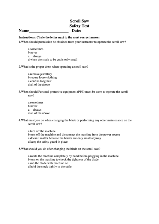 Scroll Saw Safety Test Form printable pdf download