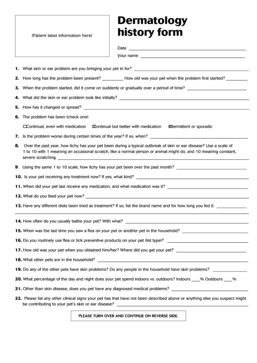 Dermatology History Form printable pdf download