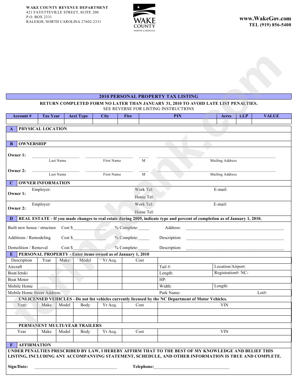 2010 Personal Property Listing Form Wake County Revenue Department