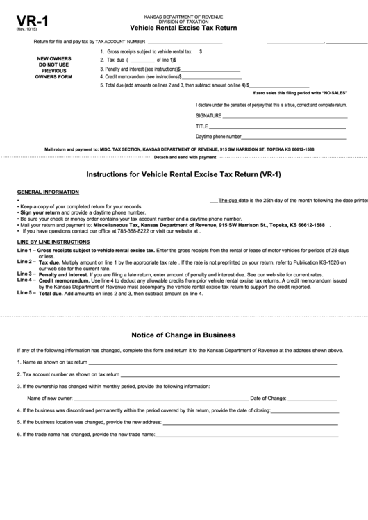 Fillable Form Vr1 Vehicle Rental Excise Tax Return printable pdf