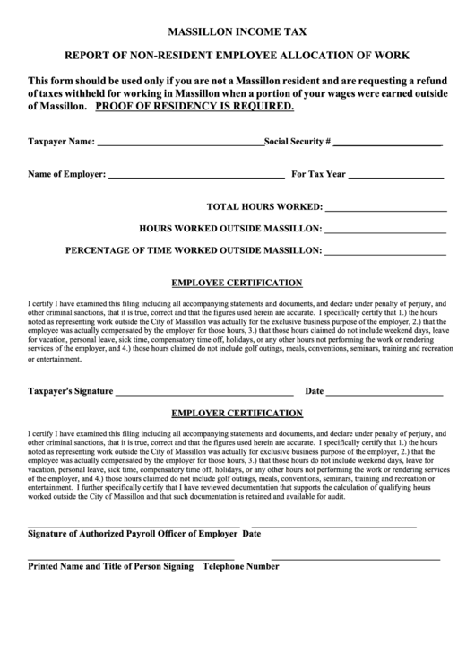 Report Of NonResident Employee Allocation Of Work Form Massillon
