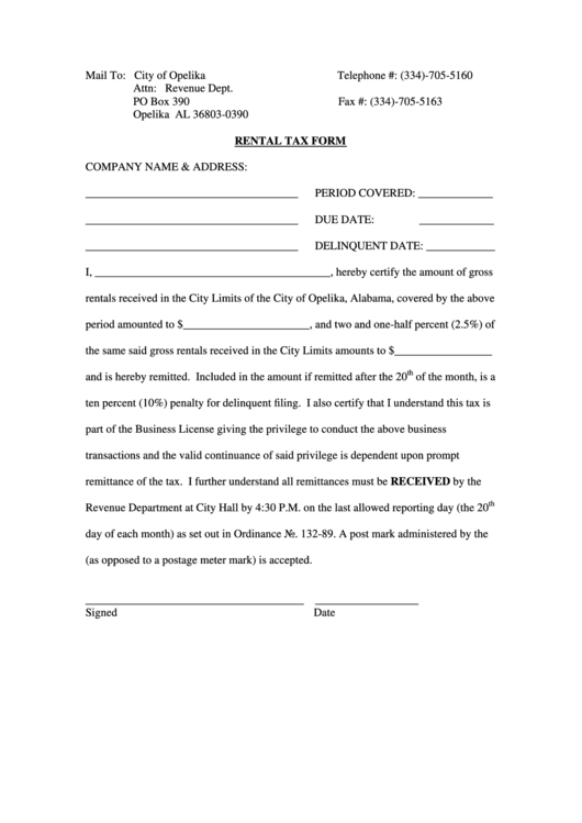 Rental Tax Form Opelika, Al printable pdf download
