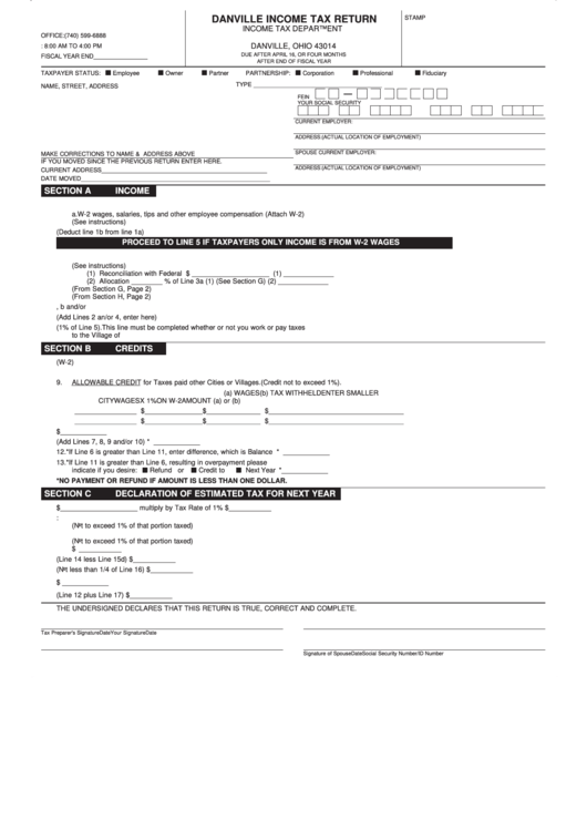 Danville Tax Return Form Tax Department printable pdf