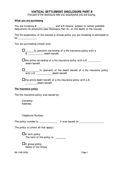 Form 08114b Viatical Settlement Disclosure Part B printable pdf download