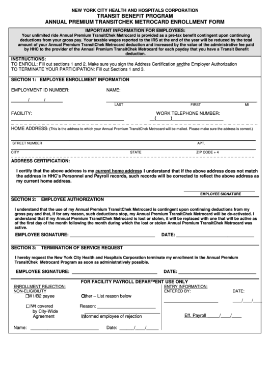 Annual Premium Transitchek Metrocard Enrollment Form New York City