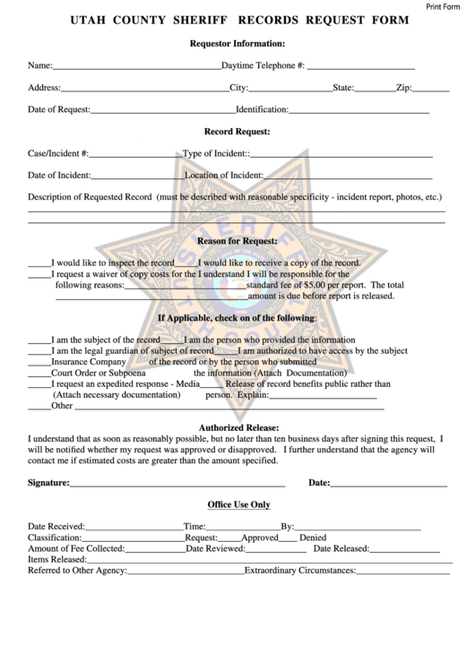 Fillable Utah County Sheriff Records Request Form printable pdf download