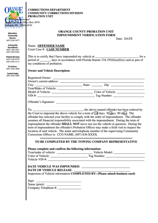 Orange County Probation Unit Impoundment Verification Form printable