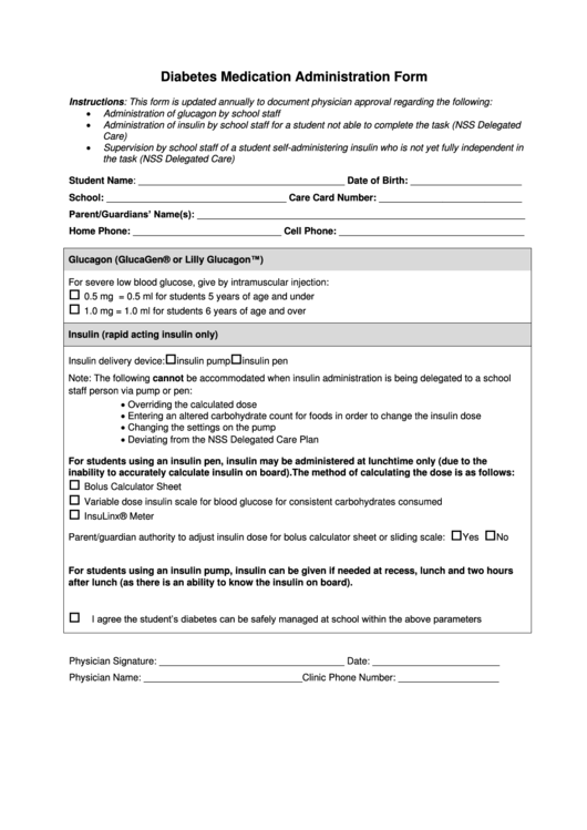 Diabetes Medication Administration Form printable pdf download