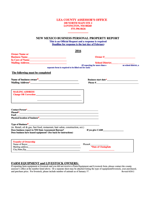 New Mexico Business Personal Property Report Form 2016 printable pdf