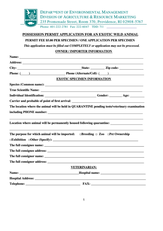 Possession Permit Application For Am Exotic Wild Animal Form
