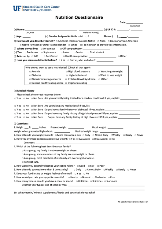 Nutrition Questionnaire Form printable pdf download